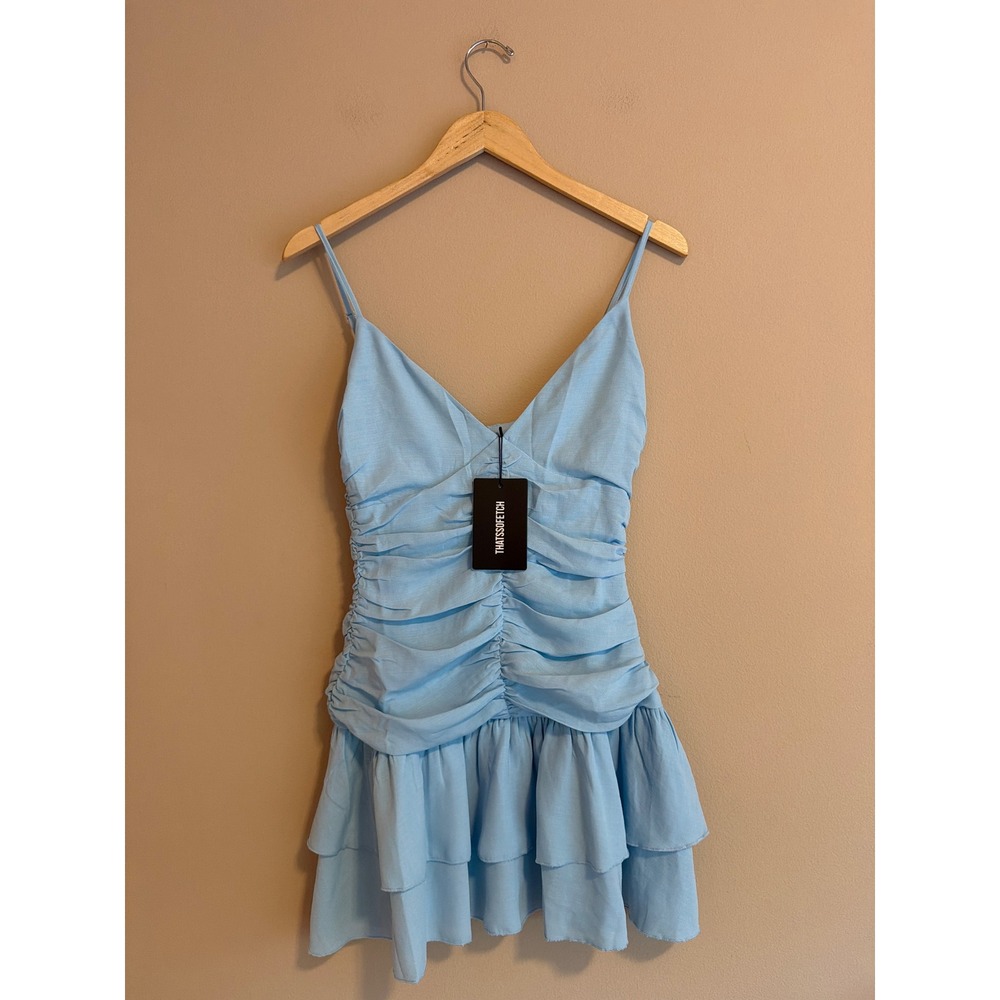 Thats So Fetch Alison Dress Blue Ruched Ruffle Mini Dress Size 4 NWT